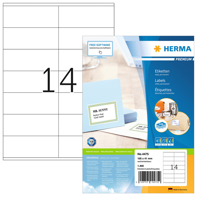 Etiket HERMA 4475 105x41mm premium wit 1400stuks afbeelding