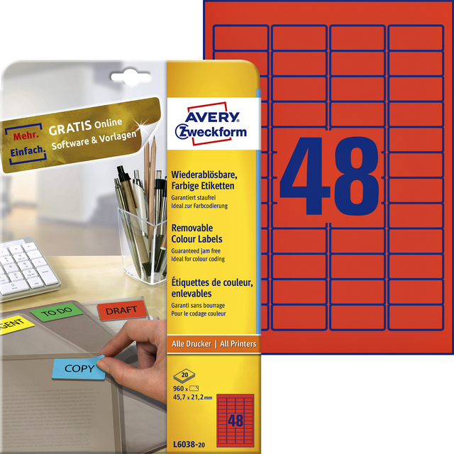 Etiket Avery Zweckform L6038-20 45.7x21.2mm rood 960stuks afbeelding