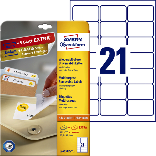 Etiket Avery Zweckform L6023REV-25 63.5x38.1mm afneembaar wit 525stuks afbeelding