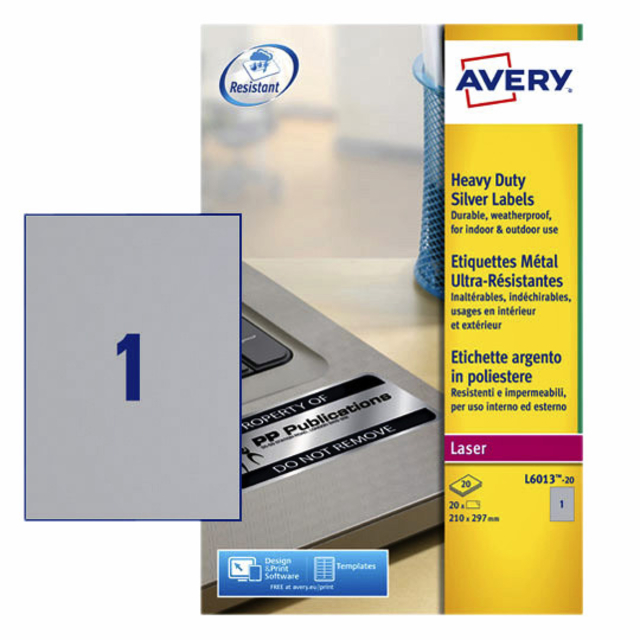 Etiket Avery L6013-20 210x297mm zilver 20stuks afbeelding