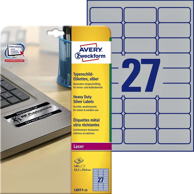 Etiket Avery L6011-20 63.5x29.6mm zilver 540stuk afbeelding