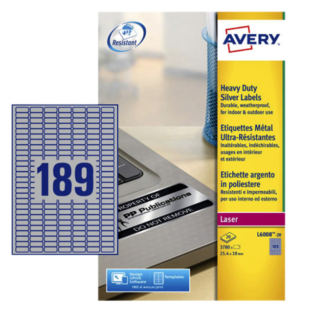 Etiket Avery L6008-20 25.4x10mm zilver 3780 stuks