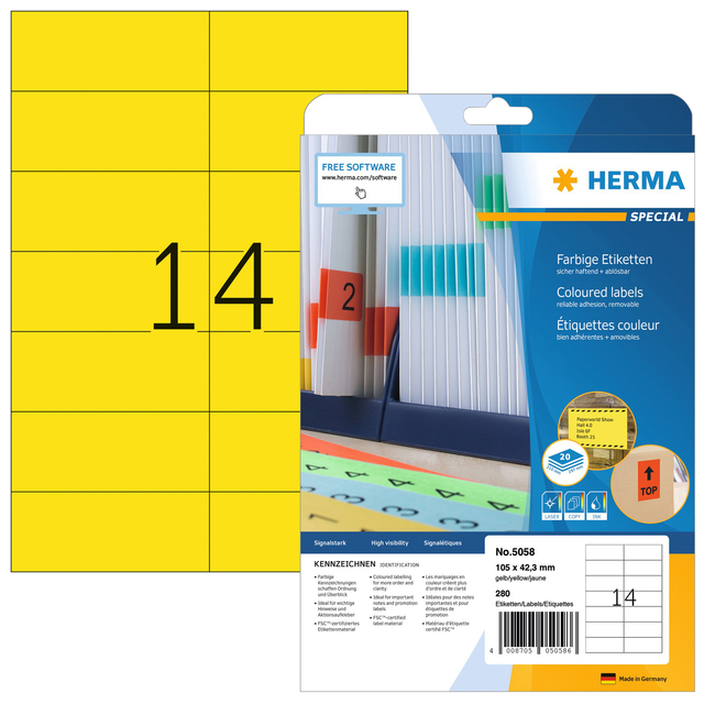 Etiket HERMA 5058 105x42.3mm verwijderbaar geel 280stuks afbeelding