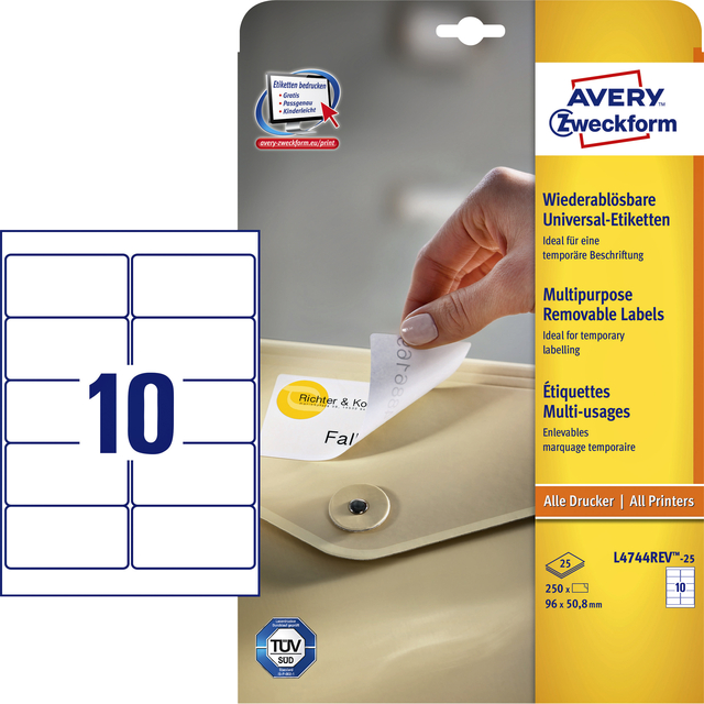Etiket Avery Zweckform L4744REV-25 96x50.8mm afneembaar wit 250stuks afbeelding