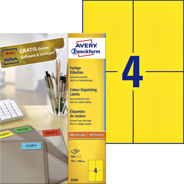 Etiket Avery Zweckform 3459 105x148mm A6 geel 400stuks afbeelding