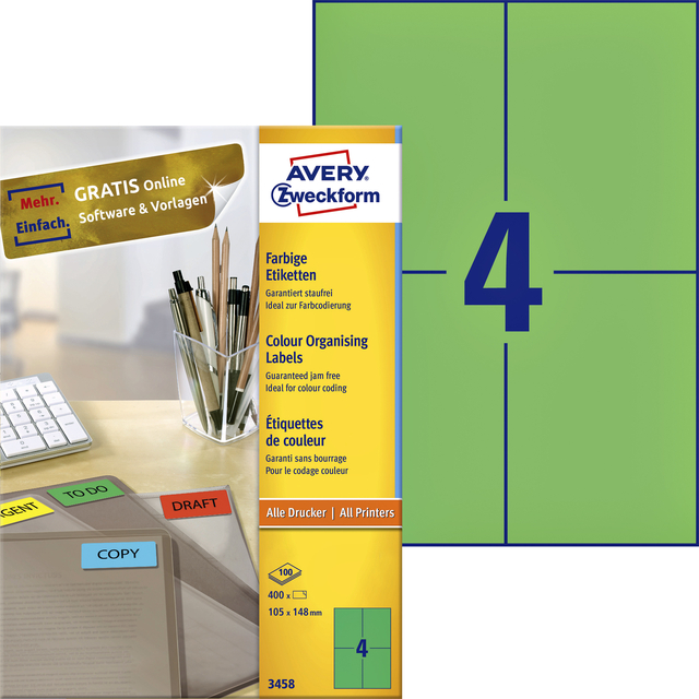 Etiket Avery Zweckform 3458 105x148mm A6 groen 400stuks afbeelding