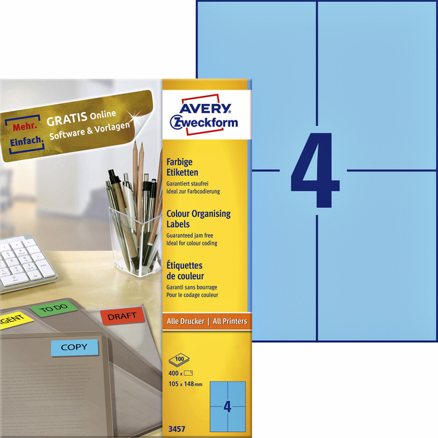 Etiket Avery Zweckform 3457 105x148mm A6 blauw 400stuks afbeelding