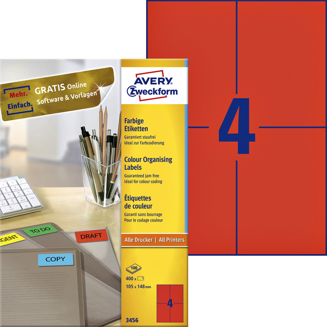 Etiket Avery Zweckform 3456 105x148mm A6 rood 400stuks afbeelding