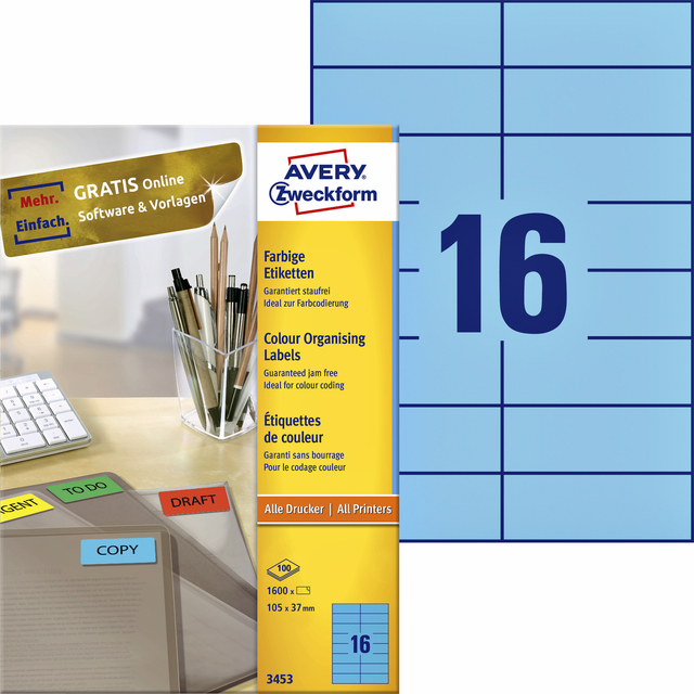Etiket Avery Zweckform 3453 105x37mm blauw 1600stuks afbeelding
