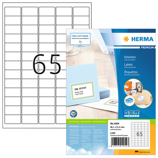 Etiket HERMA 4254 38.1x21.2mm premium wit 6500 stuks