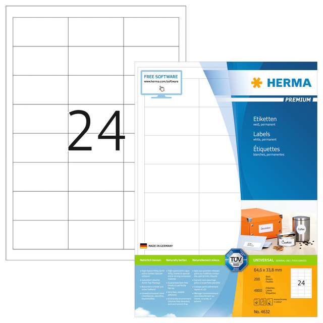 Etiket HERMA 4632 64.6x33.8mm premium wit 4800 stuks