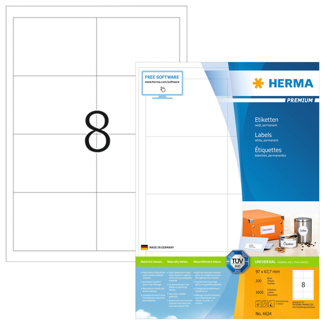 Etiket HERMA 4624 97x67.7mm premium wit 1600 stuks