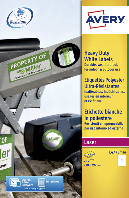 Etiket Avery L4775-20 210x297mm polyester wit 20stuks afbeelding