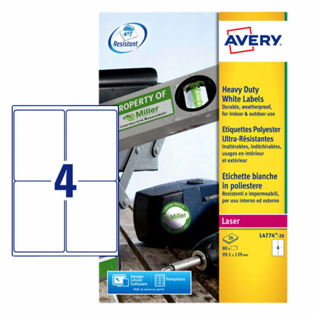 Etiket Avery L4774-20 99.1x139mm polyester wit 80stuks afbeelding