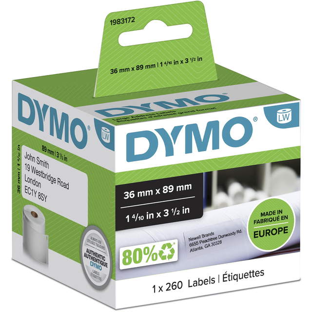 Etiket Dymo LabelWriter adressering 36x89mm 1 rol á 260 stuks wit afbeelding