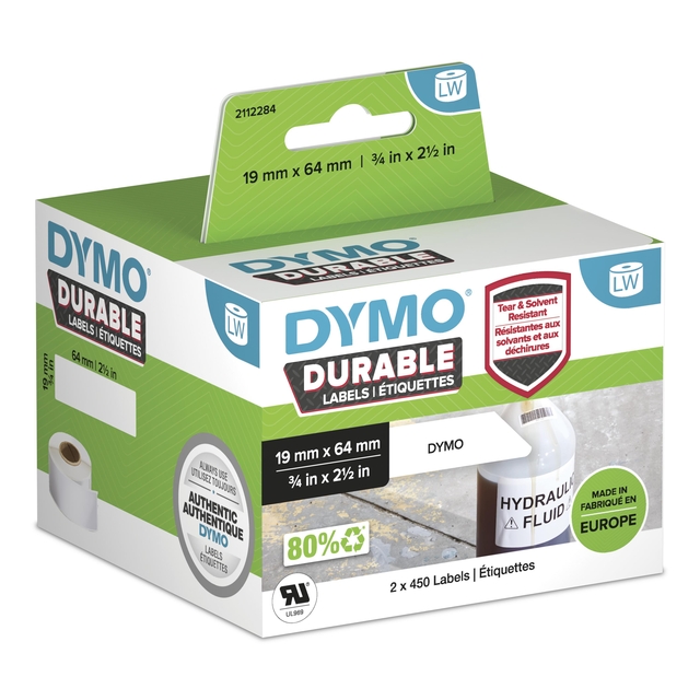 Etiket Dymo LabelWriter industrieel 19x64mm 2 rollen á 450 stuks wit afbeelding
