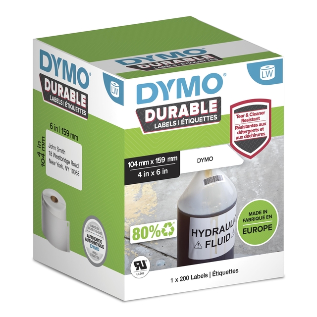 Etiket Dymo LabelWriter industrieel 104x159mm 1 rol á 200 stuks wit afbeelding