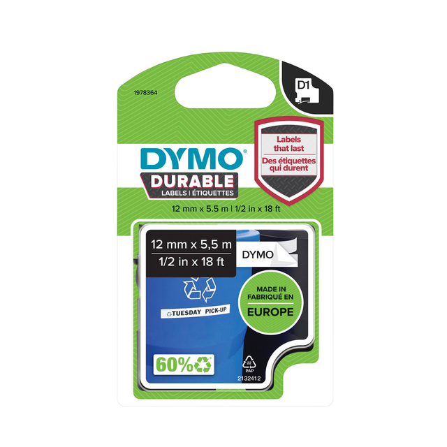 Labeltape Dymo LabelManager D1 polyester 12mm duurzaam zwart op wit afbeelding