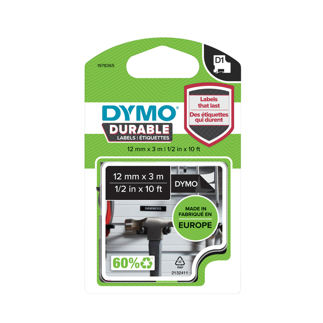 Labeltape Dymo LabelManager D1 polyester 12mm wit op zwart afbeelding