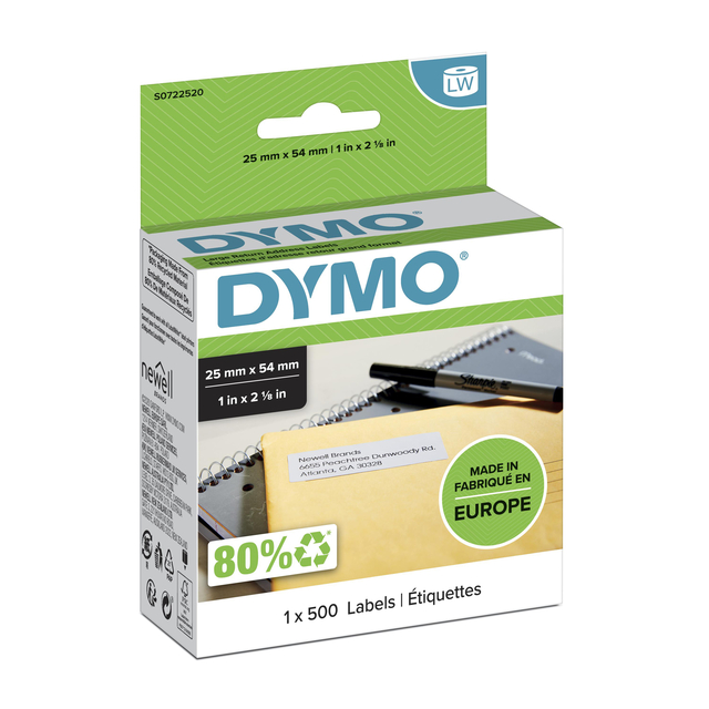 Etiket Dymo LabelWriter adressering 25x54mm 1 rol á 500 stuks wit afbeelding
