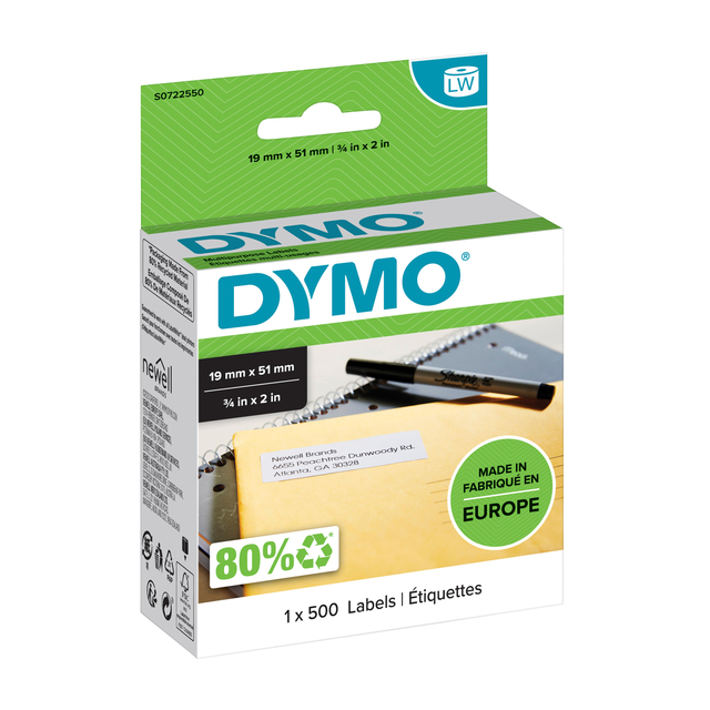 Etiket Dymo LabelWriter multifunctioneel 19x51mm 1 rol á 500 stuks wit afbeelding