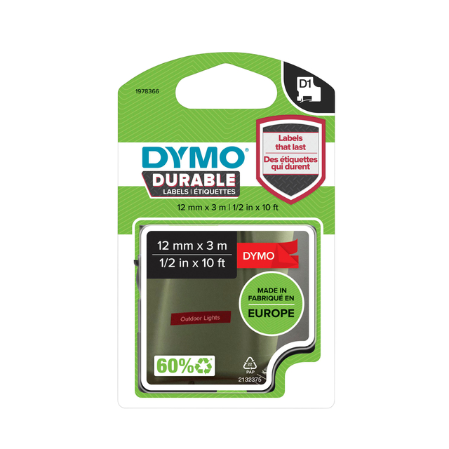 Labeltape Dymo LabelManager D1 polyester 12mm wit op rood afbeelding