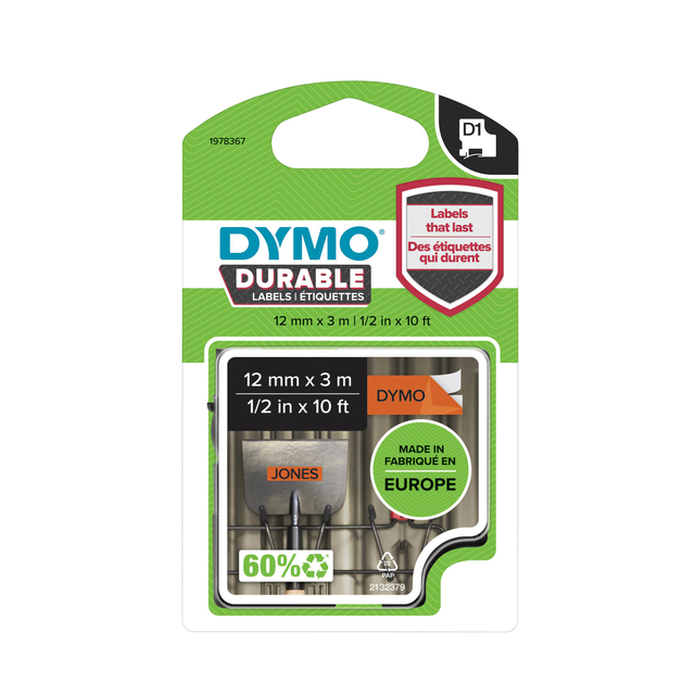 Labeltape Dymo LabelManager D1 polyester 12mm zwart op oranje afbeelding