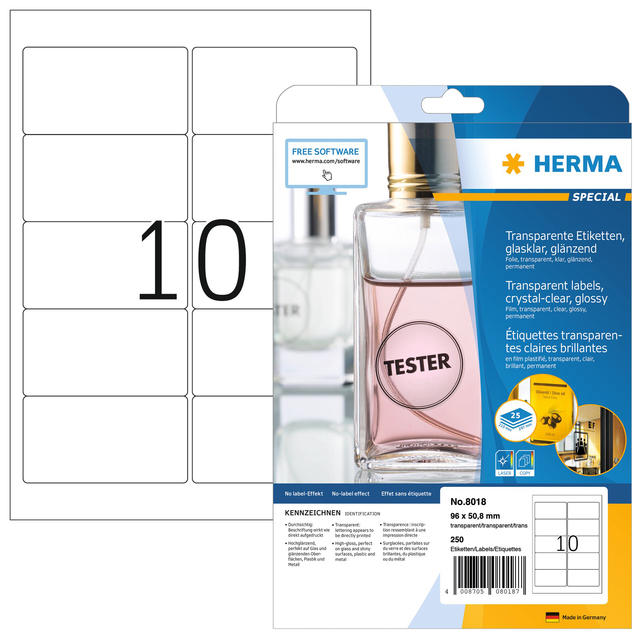 Etiket HERMA 8018 96x50.8mm transparant 250 etiketten afbeelding