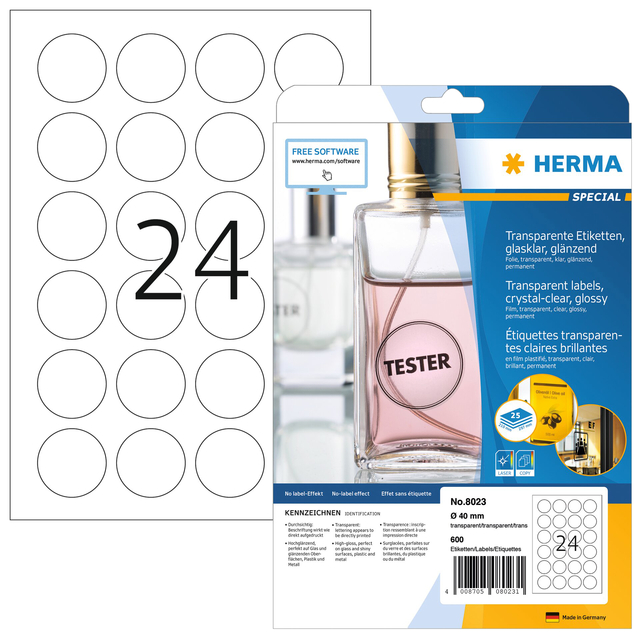 Etiket HERMA 8023 40mm rond transparant 600 etiketten afbeelding