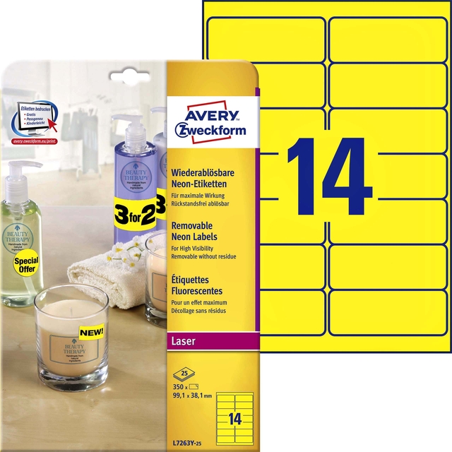 Etiket Avery L7263Y-100 99.1x38.1mm neon geel 1400 etiketten afbeelding