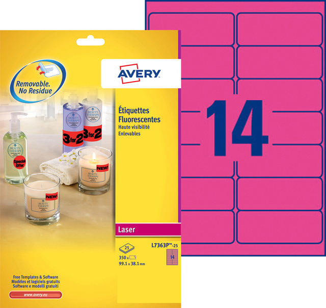 Etiket Avery L7363P-25 99.1x38.1mm neon roze 340stuks afbeelding