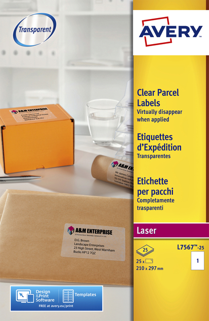 Etiket Avery L7567-25 210x297mm transparant 25stuks afbeelding