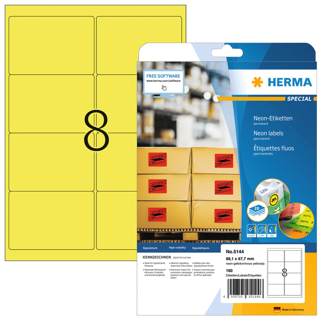 Etiket HERMA 5144 99.1x67.7mm neongeel 160stuks afbeelding