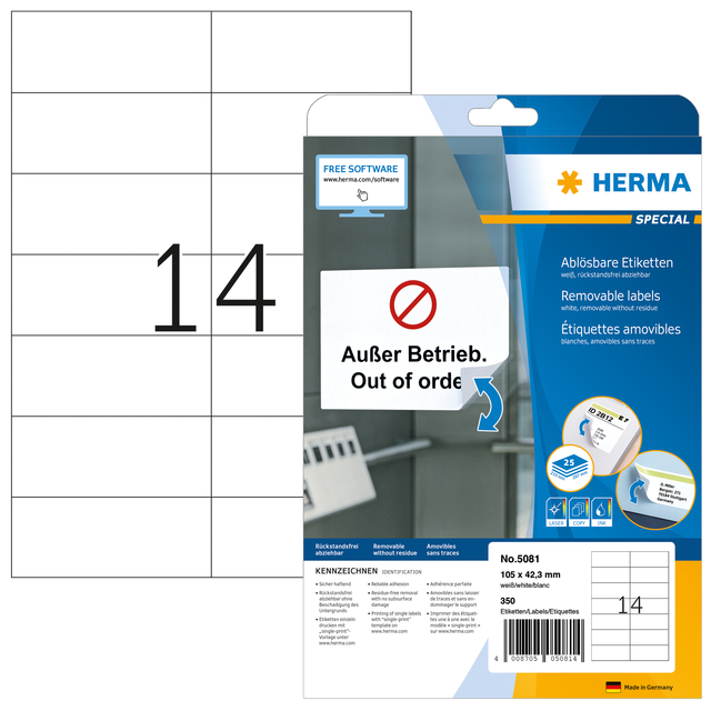 Etiket HERMA 5081 105x42.3mm verwijderbaar wit 350 stuks afbeelding
