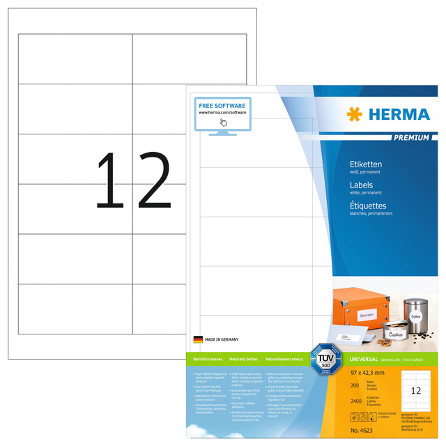 Etiket HERMA 4623 96.5x42.3mm premium wit 2400 stuks