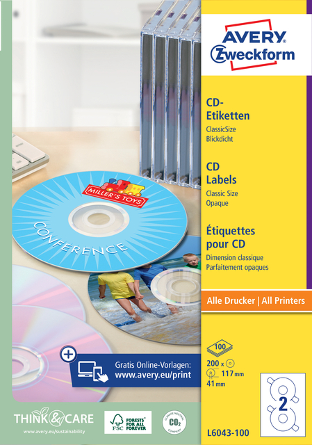 Etiket Avery Zweckform L6043-100 CD wit 200stuks afbeelding