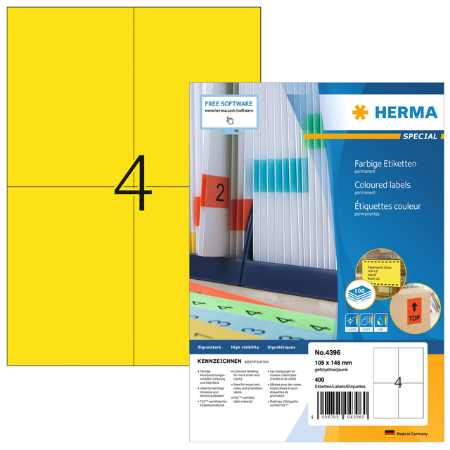 Etiket HERMA 4396 105x148mm A6 geel 400stuks afbeelding