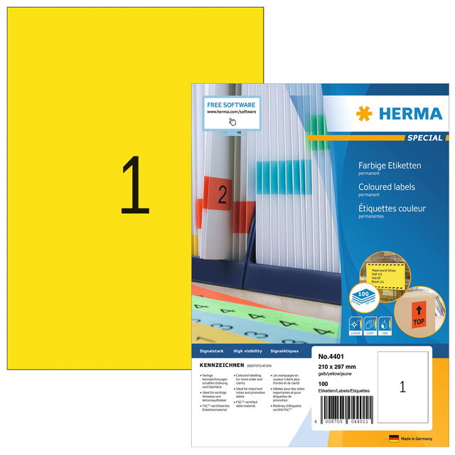 Etiket HERMA 4401 210x297mm A4 geel 100stuks afbeelding