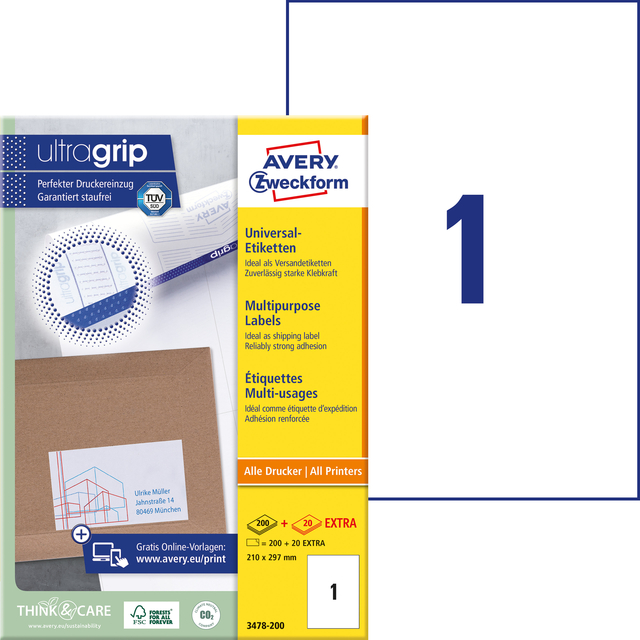 Etiket Avery 3478-200 210x297mm A4 wit 200 stuks — Foto 2 van 2