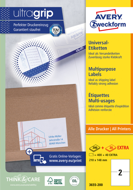Etiket Avery Zweckform 3655-200 210x148mm A5 wit 400stuks afbeelding
