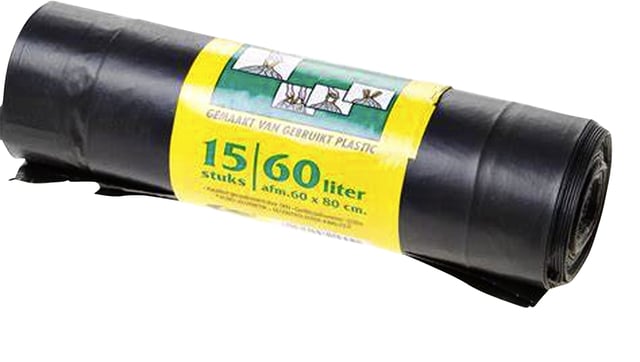 Vuilniszak Komo 60 liter met trekband zwart rol à 15 stuks afbeelding