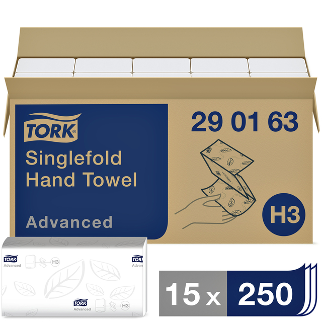 Handdoek Tork H3 Advanced singlefold 2-laags 248x230mm 15x250 vel wit 290163 afbeelding