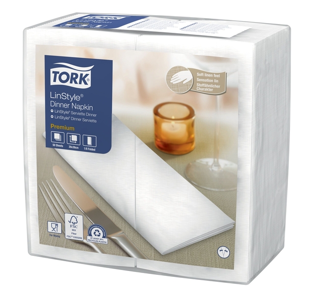 Dinnerservetten Tork Premium LinStyle® 1/8 gevouwen 1-laags 50 st wit 478145