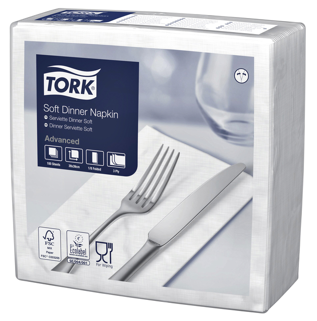 Dinerservet Tork Advanced 1/8 vouw 3-laags 395x390mm 100 vel wit 477579 afbeelding