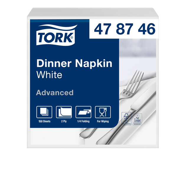 Dinerservet Tork Advanced 1/4 vouw 2-laags 395x390mm 150 vel wit 478746 afbeelding