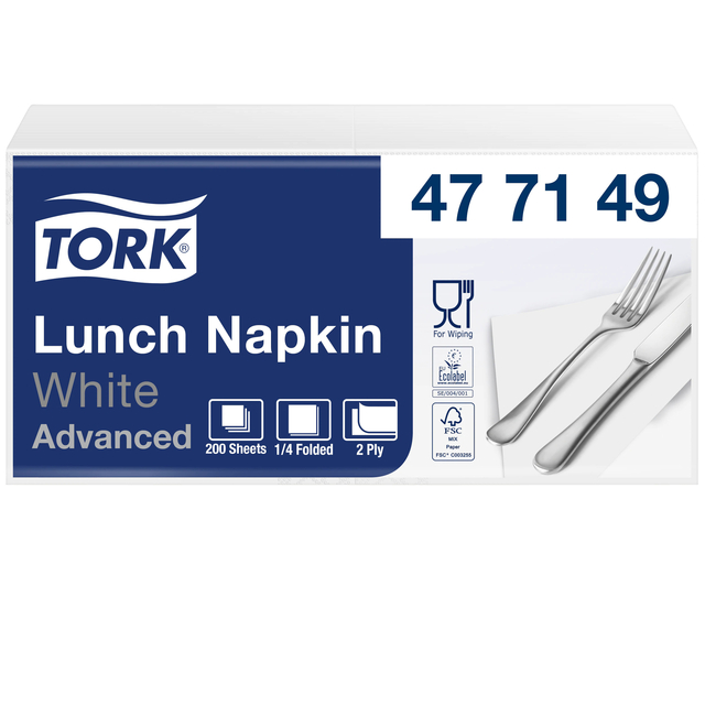 Lunchservet Tork Advanced 1/4 vouw 2-laags 328x325mm 200 vel wit 477149 afbeelding