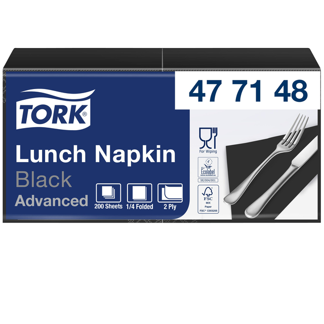 Lunchservet Tork Advanced 1/4 vouw 2-laags 328x325mm 200 vel zwart 477148 afbeelding