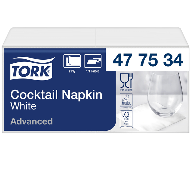 Cocktailservet Tork Advanced 1/4 vouw 2-laags 238x238mm 200 vel wit 477534 afbeelding