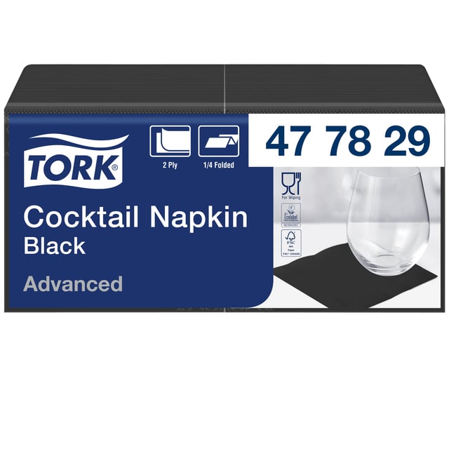 Cocktailservet Tork Advanced 1/4 vouw 2-laags 238x238mm 200 vel zwart 477829 afbeelding