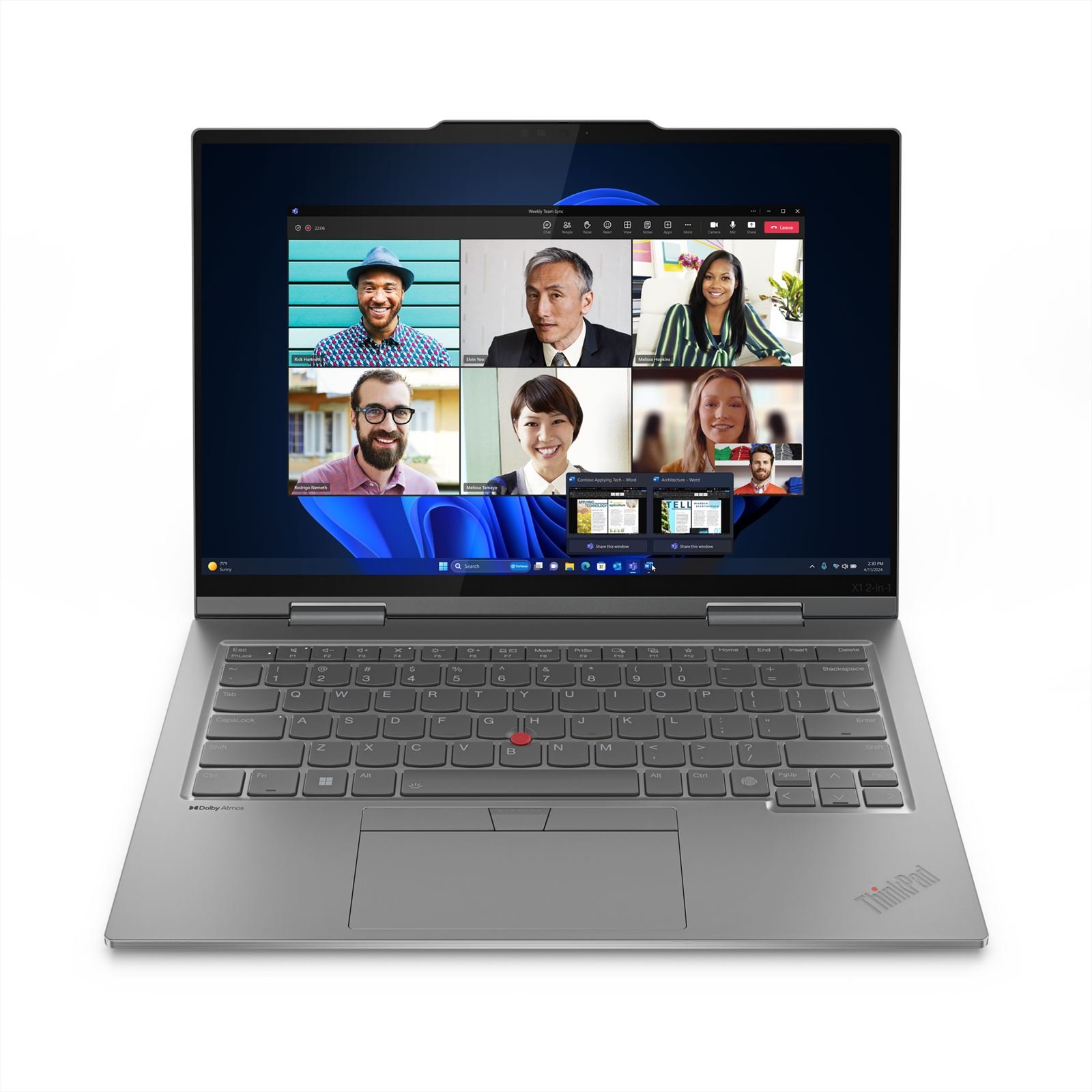 Lenovo ThinkPad X1 2-in-1 Intel Core Ultra 7 155U Hybride (2-in-1) 35,6 cm (14") Touchscreen WUXGA 16 GB LPDDR5x-SDRAM 512 GB SSD Wi-Fi 6E (802.11ax) Windows 11 Pro Grijs afbeelding